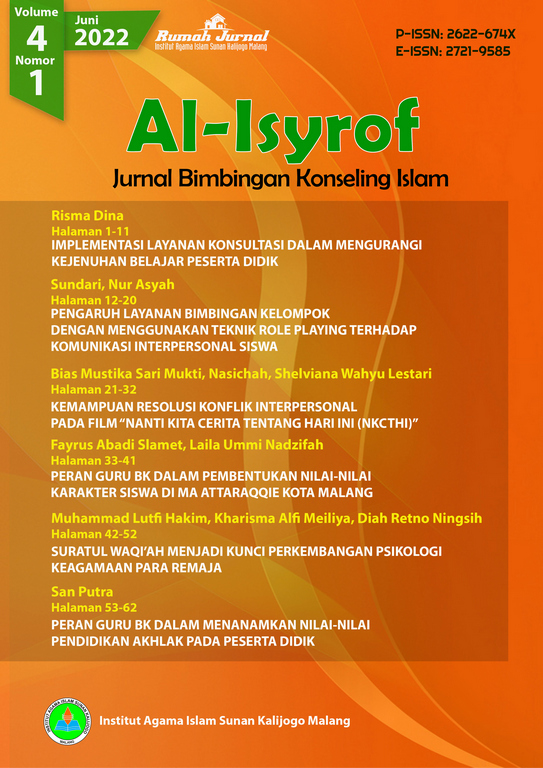 					View Vol. 4 No. 1 (2022): Al-Isyrof: Jurnal Bimbingan dan Konseling Islam
				