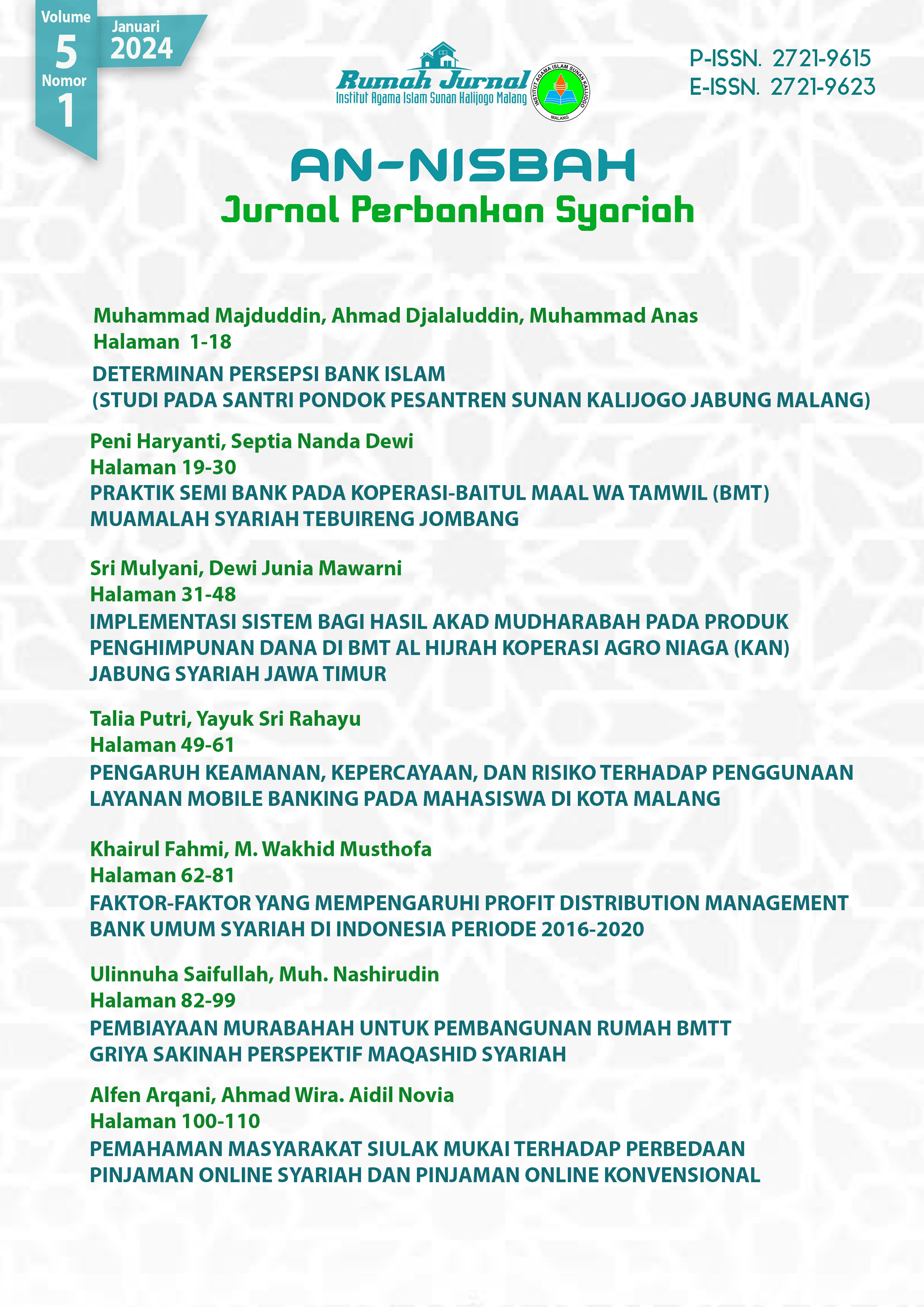 					View Vol. 5 No. 1 (2024): Jurnal An-Nisbah: Perbankan Syariah
				