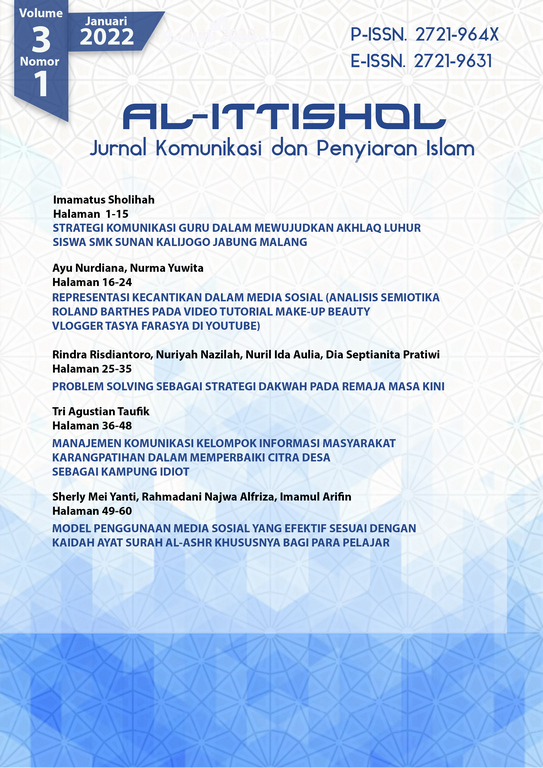 					View Vol. 3 No. 1 (2022): AL-ITTISHOL: Jurnal Komunikasi dan Penyiaran Islam
				
